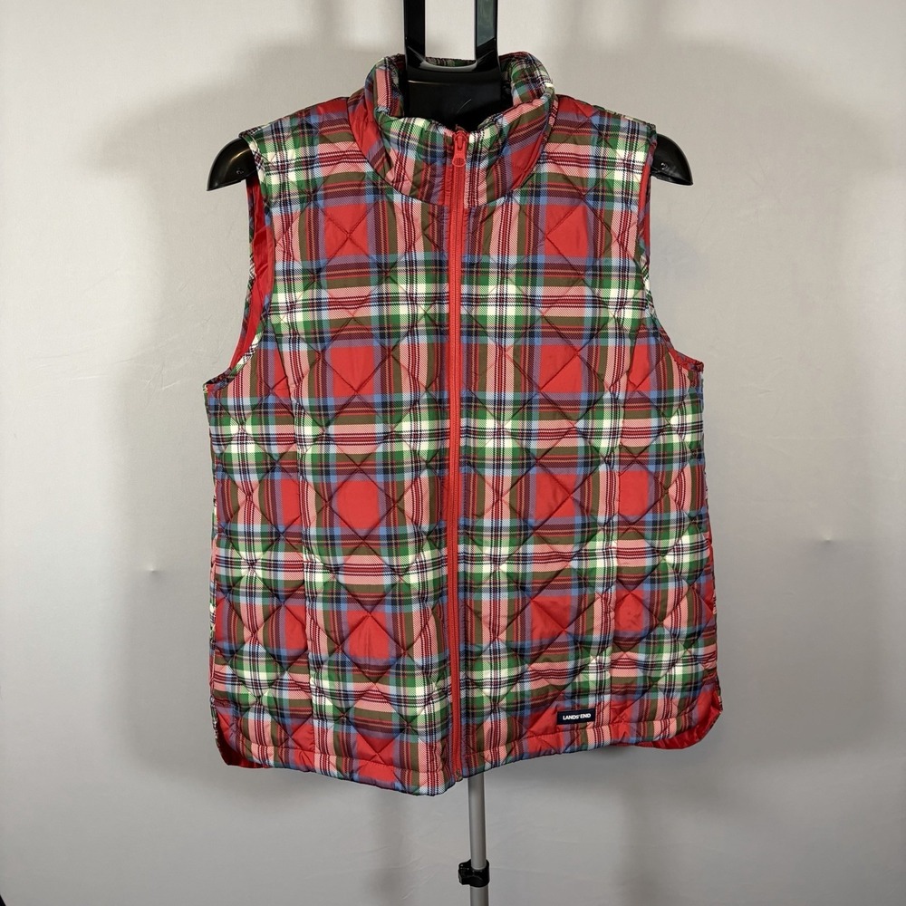 Lands End Women's Large Plaid Quilted Puffer Vest Christmas Preppy Red Green